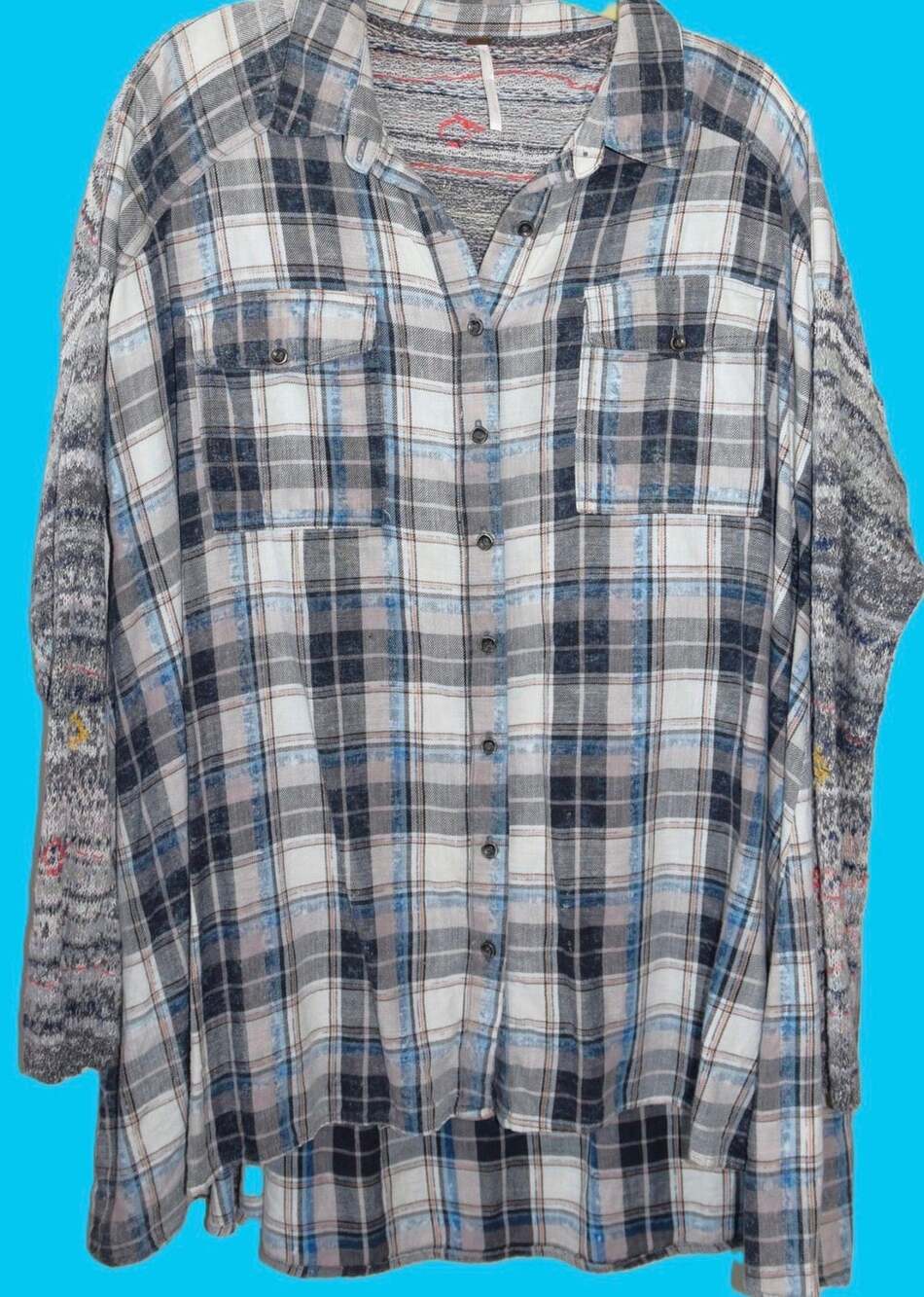 Free People Plaid Button Down Shirt Blue White Knit Sleeves Large